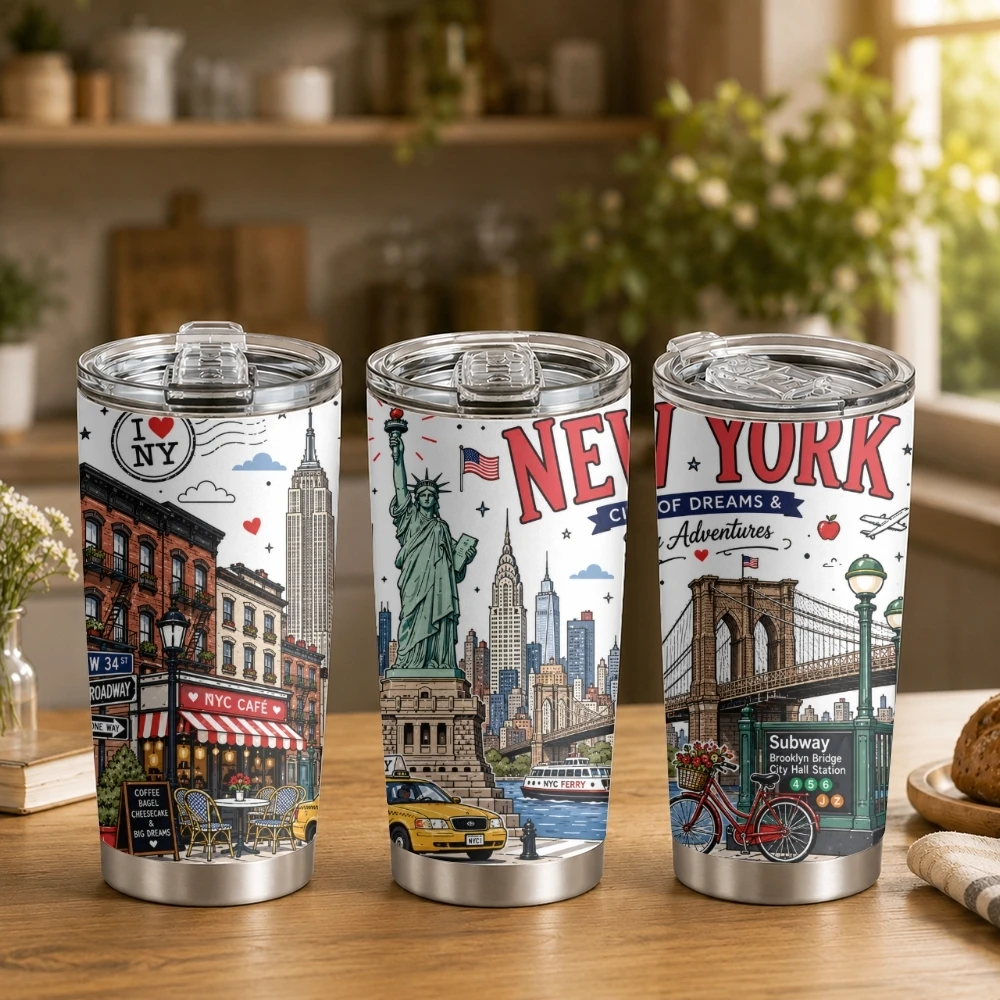 Colorful Urban Design Vacuum Flasks 20oz Coffee Cup with 2 Lids & Reusable Straw Stainless Steel Vacuum Insulated Travel Mug
