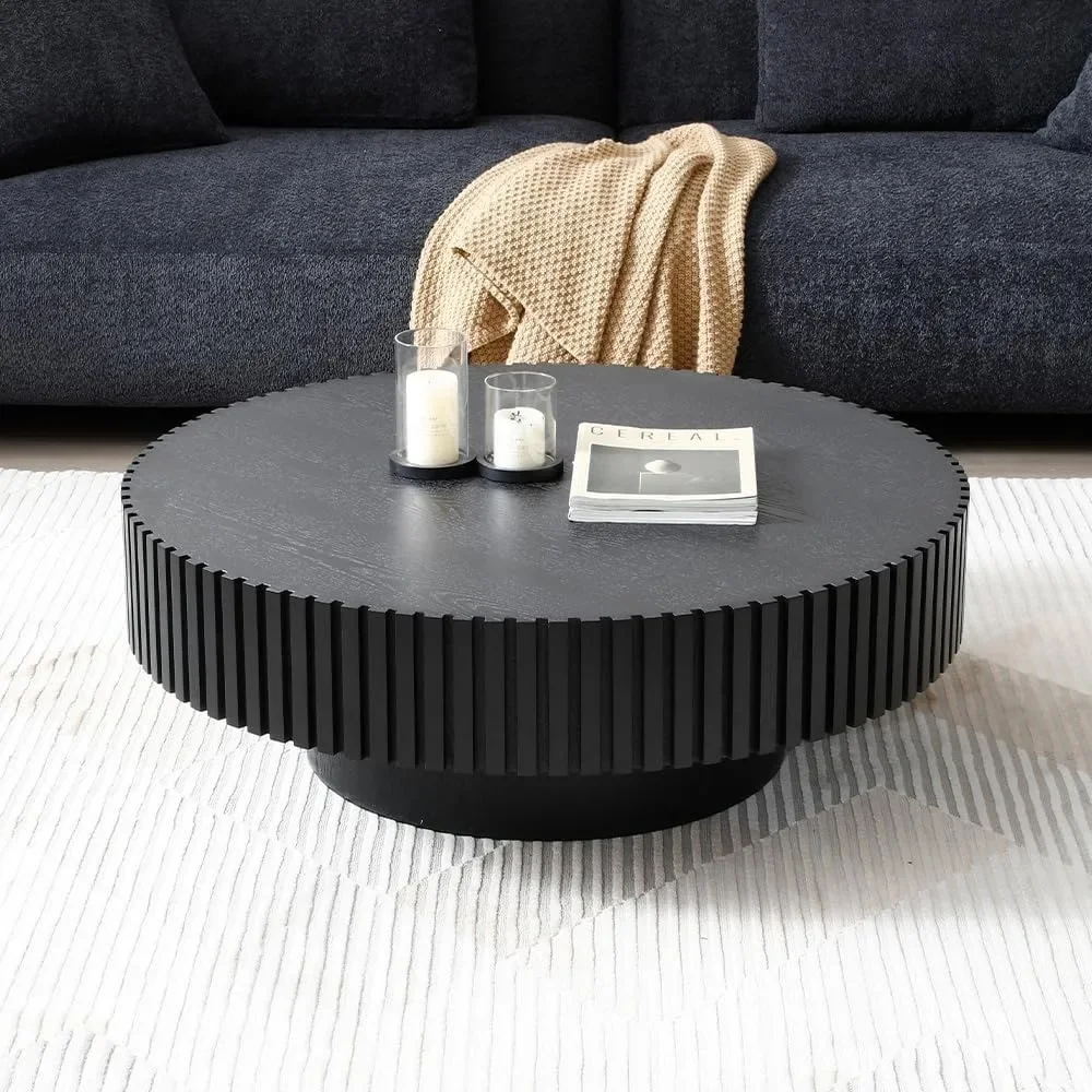 39.4" Black Round Coffee Table, Modern Luxury Wood Circle Drum Center Table for Living Room, Accent Side Table End Table