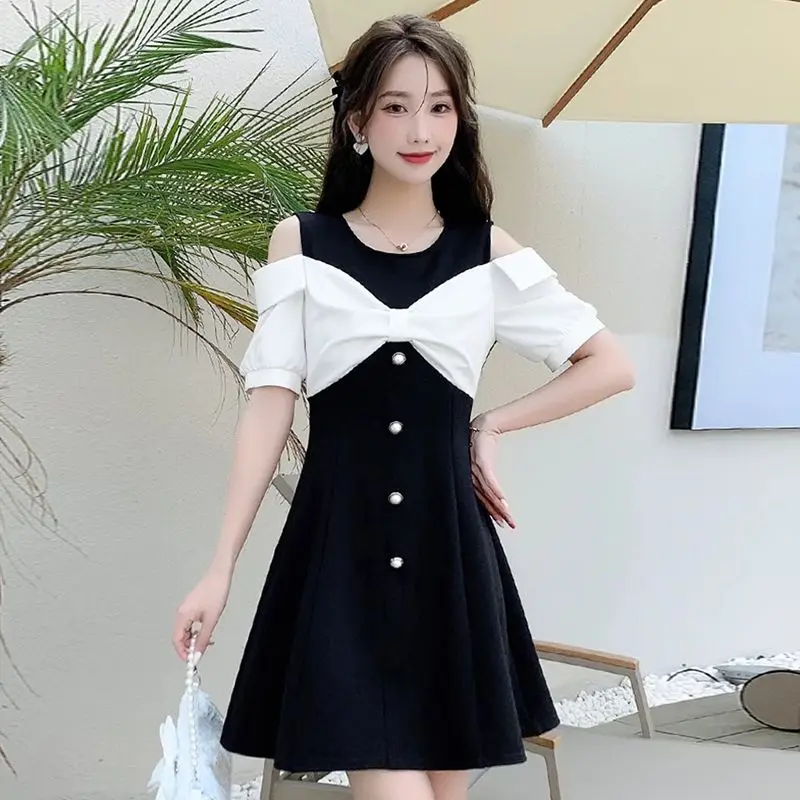 

Commuting Sweet Black Slim Color Combination Fake Two-piece Off-shoulder Waist-hugging Women Summer Dress