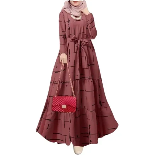 Robe musulmane à manches longues et col rond pour femmes, abaya marocaine, ceinture imprimée, patchwork de dubaï, caftan décontracté, Eid Ramadan