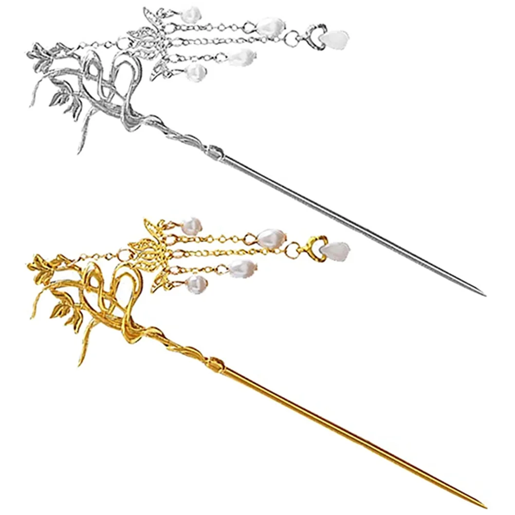 

2pcs Pearl Lotus Hairpin Tassel Alloy Flower Pins Wedding Stick for Buns Long Hair Dangle Retro Charm DAMAGE FREE