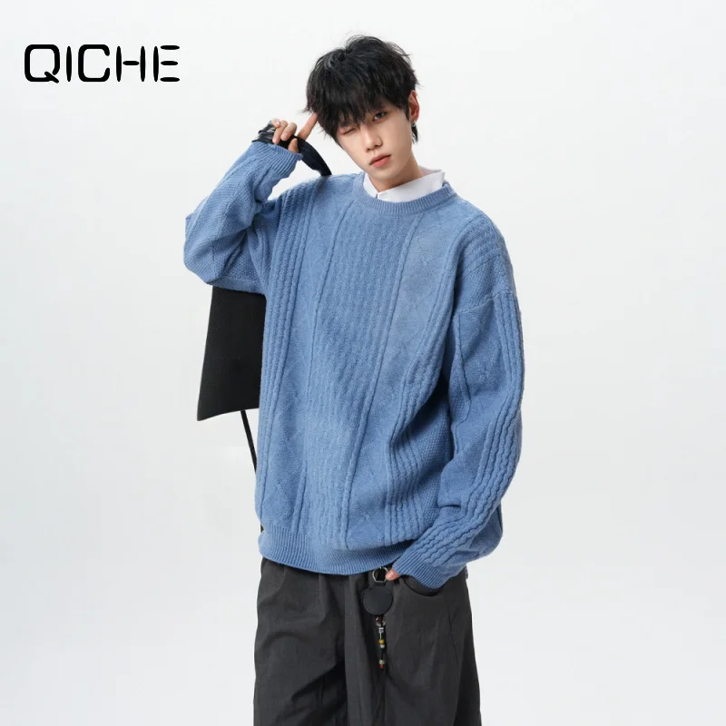 QICHE 2026 Autumn Winter Men High Street Retro Knit Sweater, Diamond Jacquard Plus Size Lazy Loose Solid Color Pullover Base Top