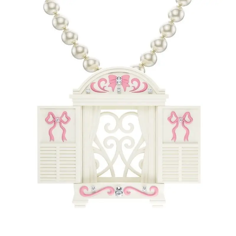 Y2K Openable Window Photo Frame Necklace Bow Decor Faux Pearl Statement Necklace for Women