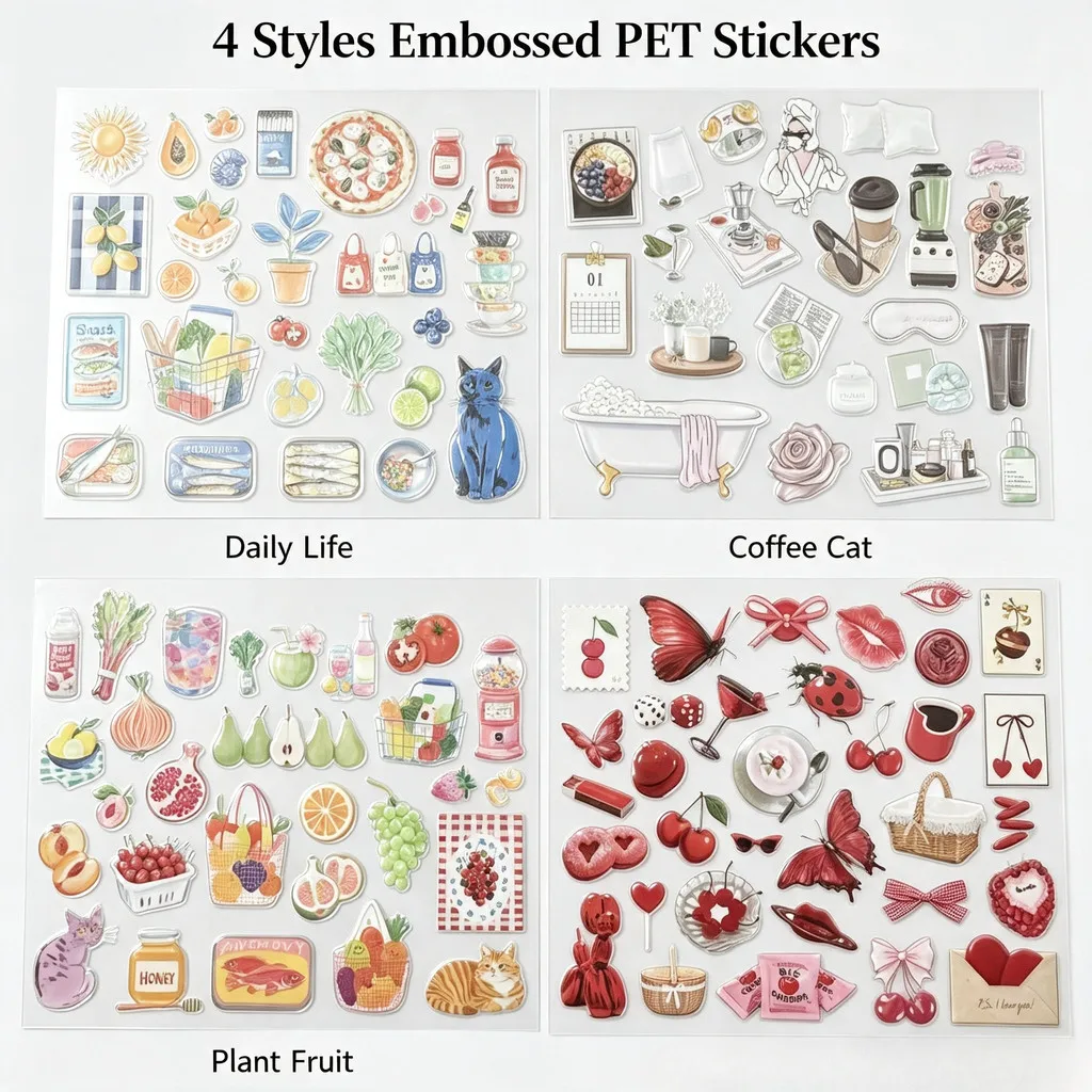 1 Sheet Aesthetic Embossed Cartoon PET Stickers Waterproof Cute Decals for Custom Skateboard, Luggage Giajar Sticker Store