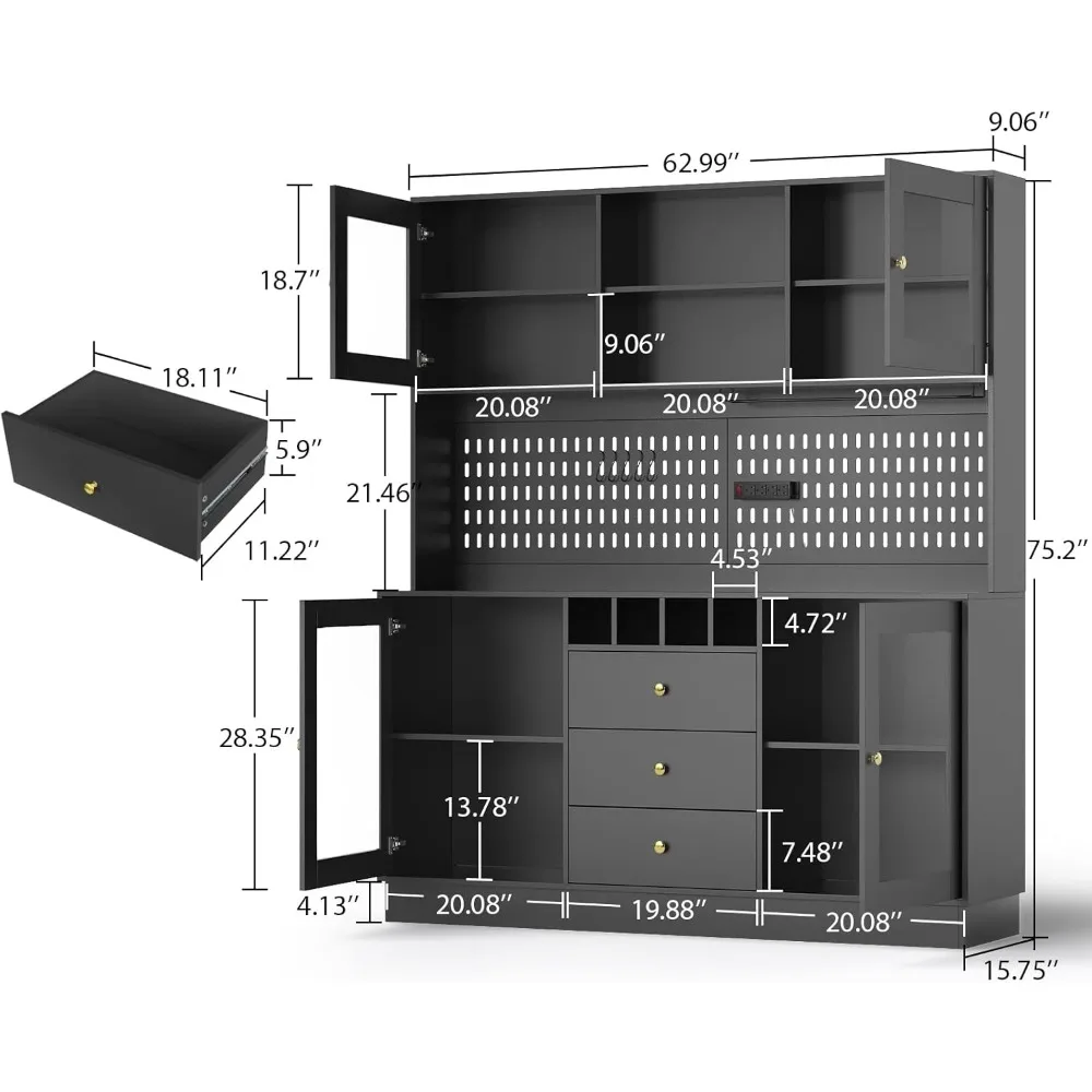 Pantry Cabinet, Power Outlet, 4 Doors & 3 Drawers, Cupboard with Microwave Shelf & Wine Racks, Kitchen Storage Cabinet