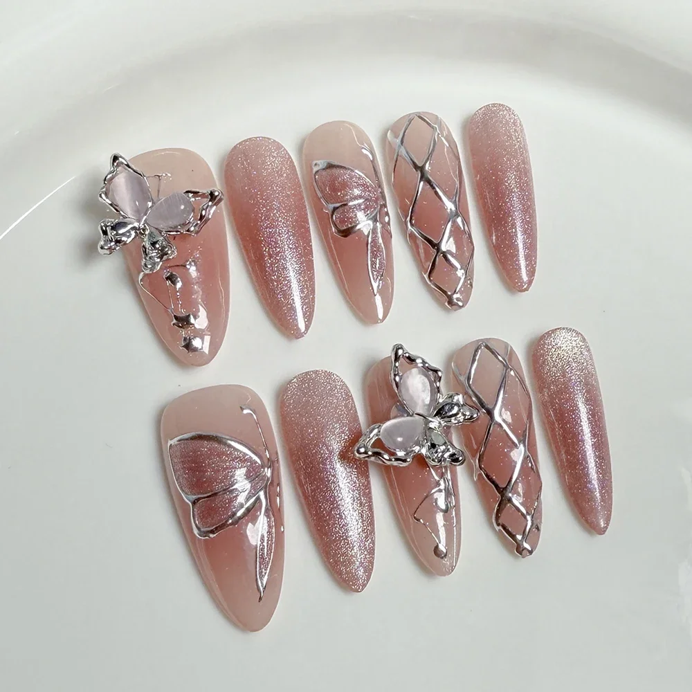 10Pcs Y2K Handmade Duckbill Long Coffin Almond French False Nails Spice Girl 3D Flowers Diamond Pearl Wearable Press On Nails