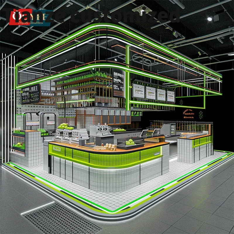 

Customized-store display bubble tea counter food shop design coffee shop coffee led light coffee counter green kiosk cafe