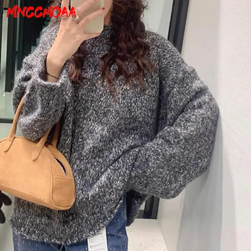 MNCCMOAA-Women\'s Loose Round Neck Knit Sweater, Casual Long Sleeve Pullover, Warm Tops, Female Fashion, Autumn, Winter, 2024