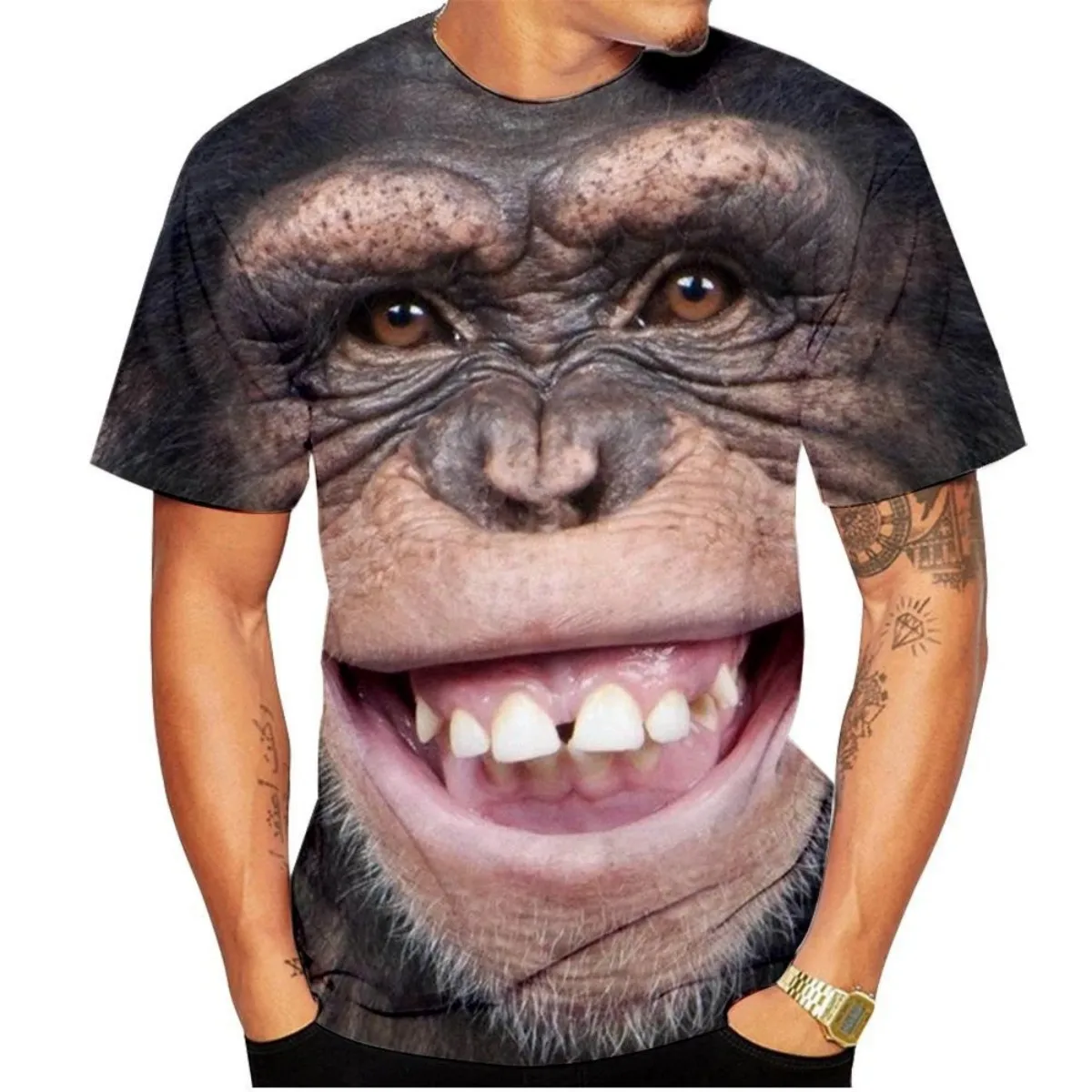 T-shirt pour homme avec imprimé 3D visage de chimpanzé – T-shirt à manches courtes avec motif réaliste de singe, haut décontracté style streetwear