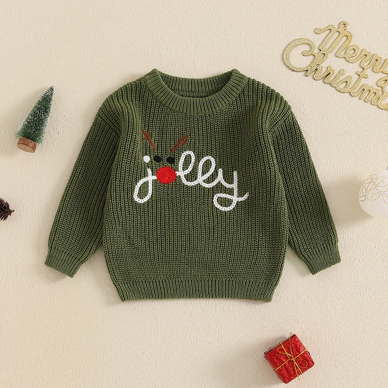 2024-08-08 Lioraitiin Baby Boy Girl Christmas Sweater Reindeer Letter Embroidery Crew Neck Long Sleeve Pullover Knit Tops