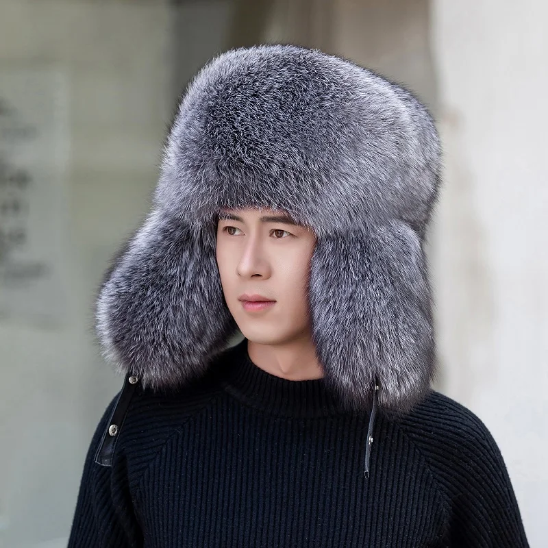 New Winter Men's 100% Real Silver Fox Aviator Bomber Hat Raccoon Fur Ushanka Cap Trapper Russian Man Sik Hats Caps Real Fur Hats