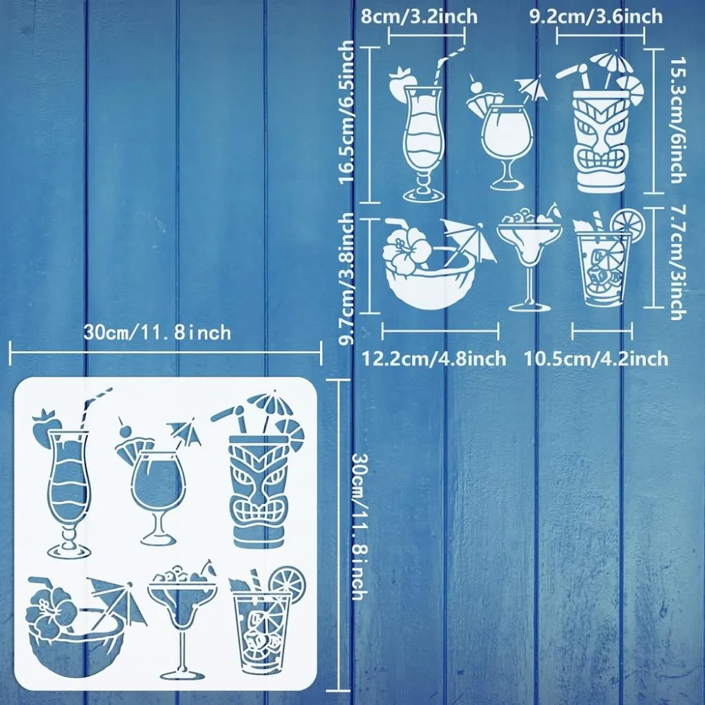 Tropical Drink Painting Stencil 11.8x11.8inch Reusable Summer Ice Drink Drawing Template DIY Art Summer Theme Stencil