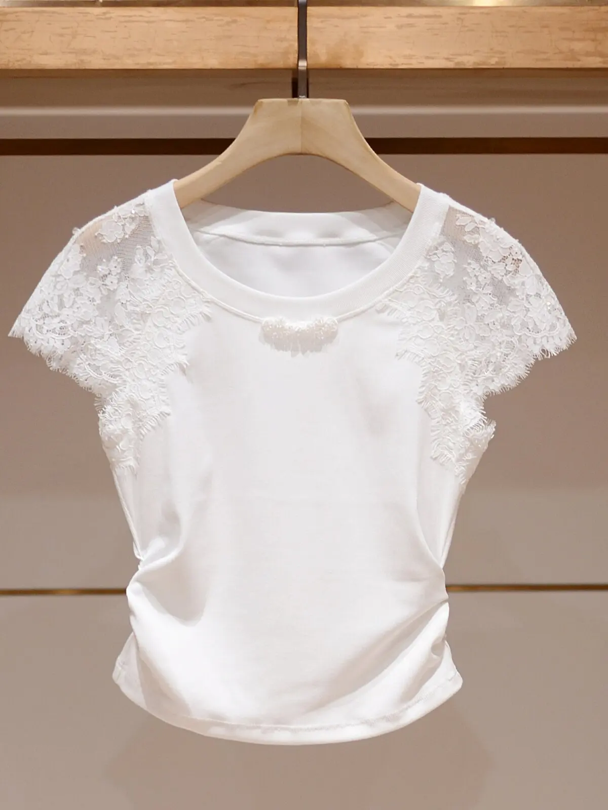 Summer lace embroidered mesh crew neck short white t-shirt