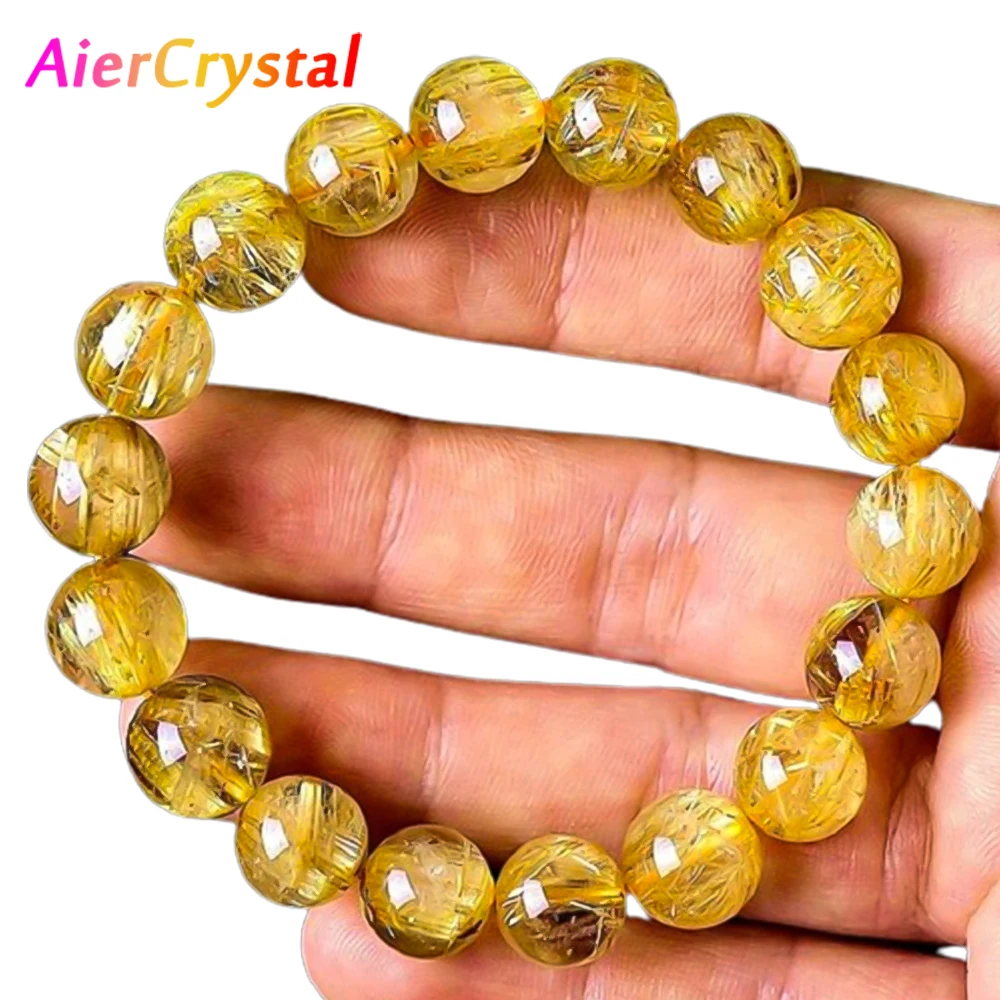 6-8mm Natural Titanium Crystal Golden Hair Crystal Bead Bracelet with Spiritual Healing Single Loop Elastic Rope Lucky Jewelry C