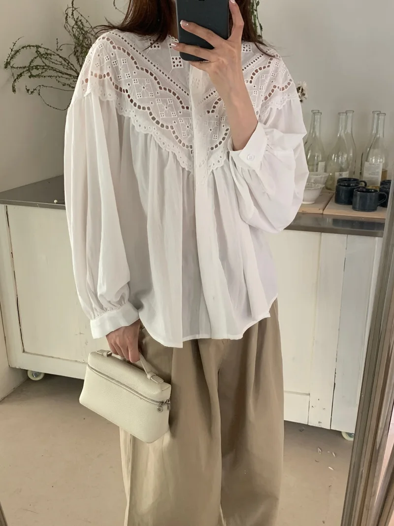 Spring White Gentle Shirts Puff Sleeve Women Hollow Out Chic All Match Fashion New Office Sweet Girls Muje Ladies Tops