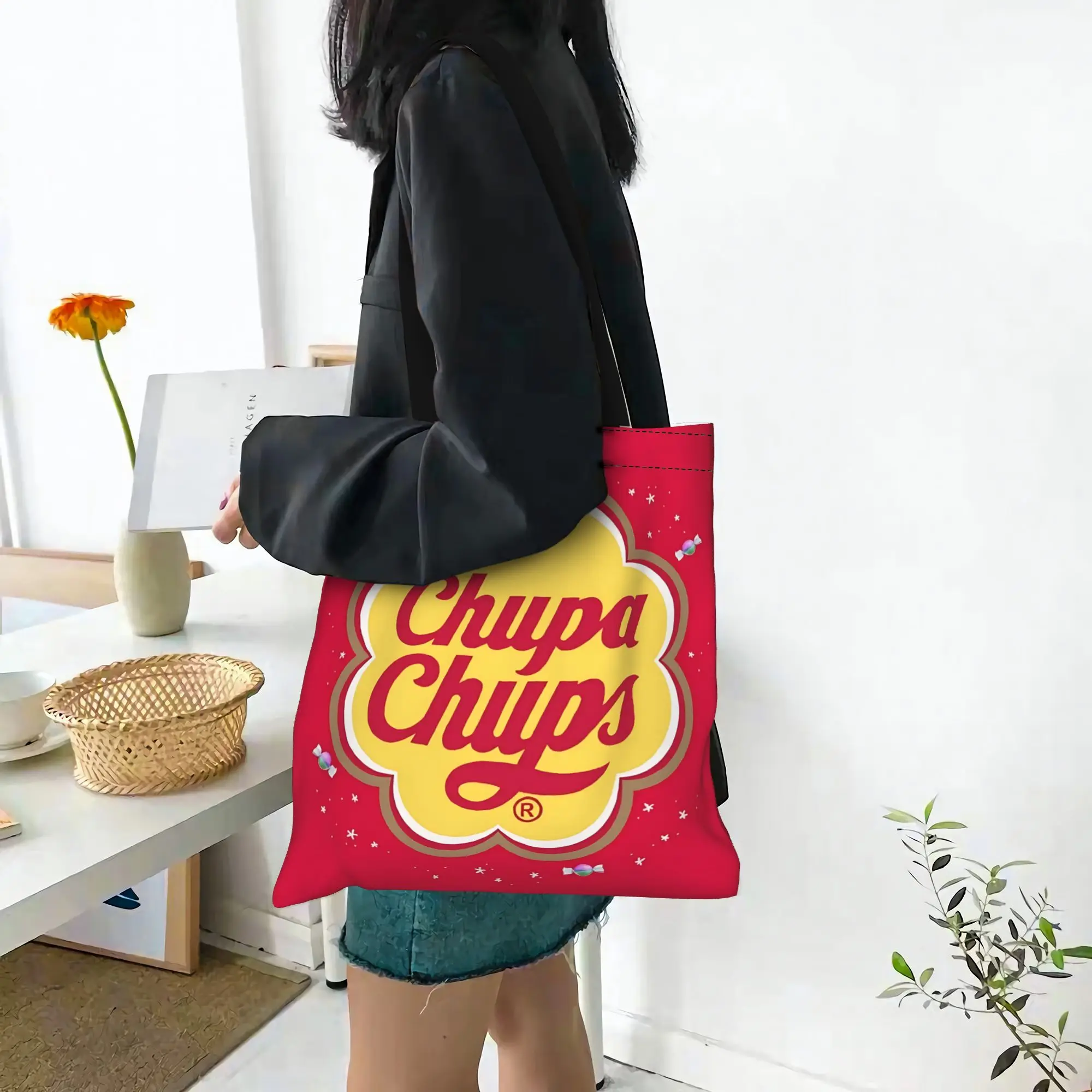 

fashionable bags back to school Large Capacity Chupa Chups LOGO Canvas Tote Bag Foldable Chic Pattern Gifts