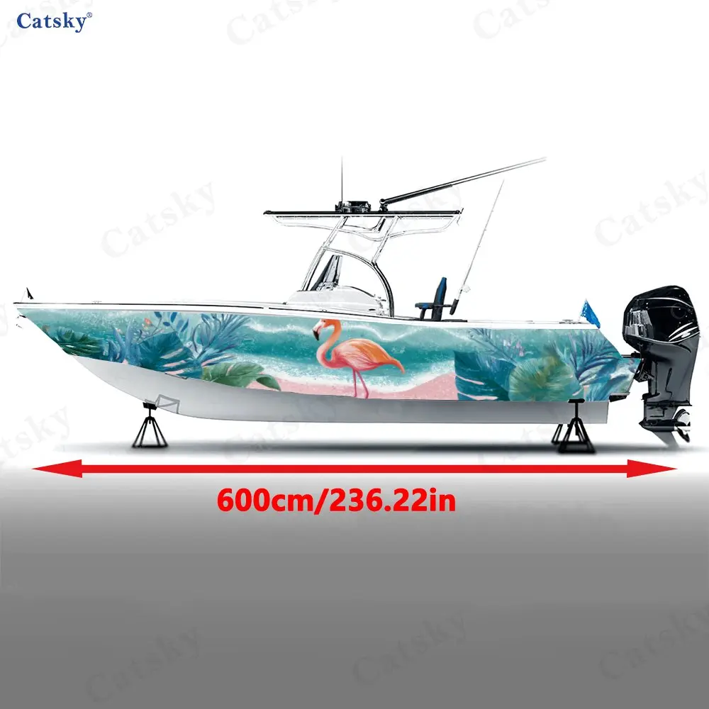 Tropical Flamingo Beach Style Boat Stickers, PVC Waterproof Vinyl Wrap Decals for Fishing Boats, Durable and Stylish Design