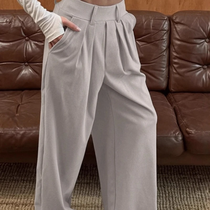 2026 Spring Minimalist Commuting Suede Loose High Waisted Casual Design Suit Pants for Women