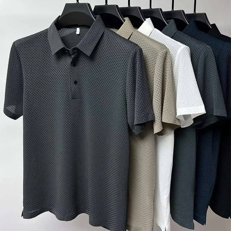 Men's Bone Flower Solid Color Polo Shirt Business Casual Short Sleeve Summer Breathable Versatile Top