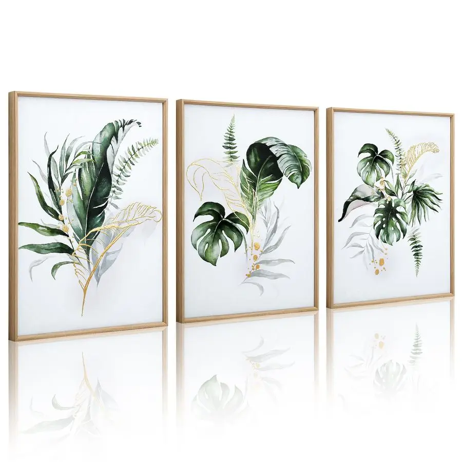 

Bathroom Framed Wall Art, Botanical Canvas Paintings Wall Decor with Green and Gold Glided Textured Modern Nature Pictures Plant