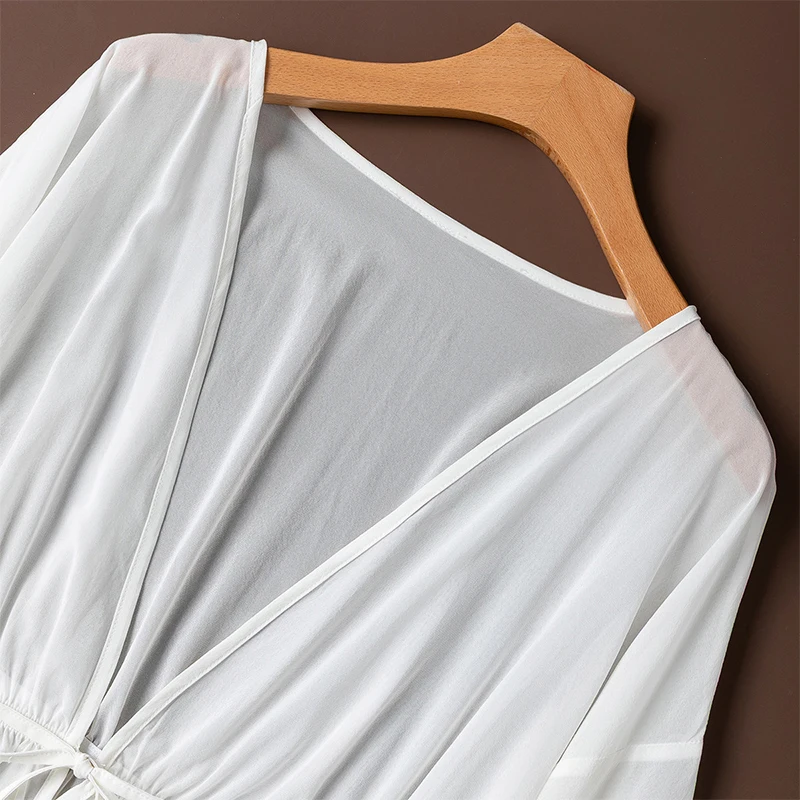 Women Shawl 100% Mulberry Silk White Thin Short Type Long Sleeve Ruffles Bottom Cardigan Blouse Top Shirt Summer M1562
