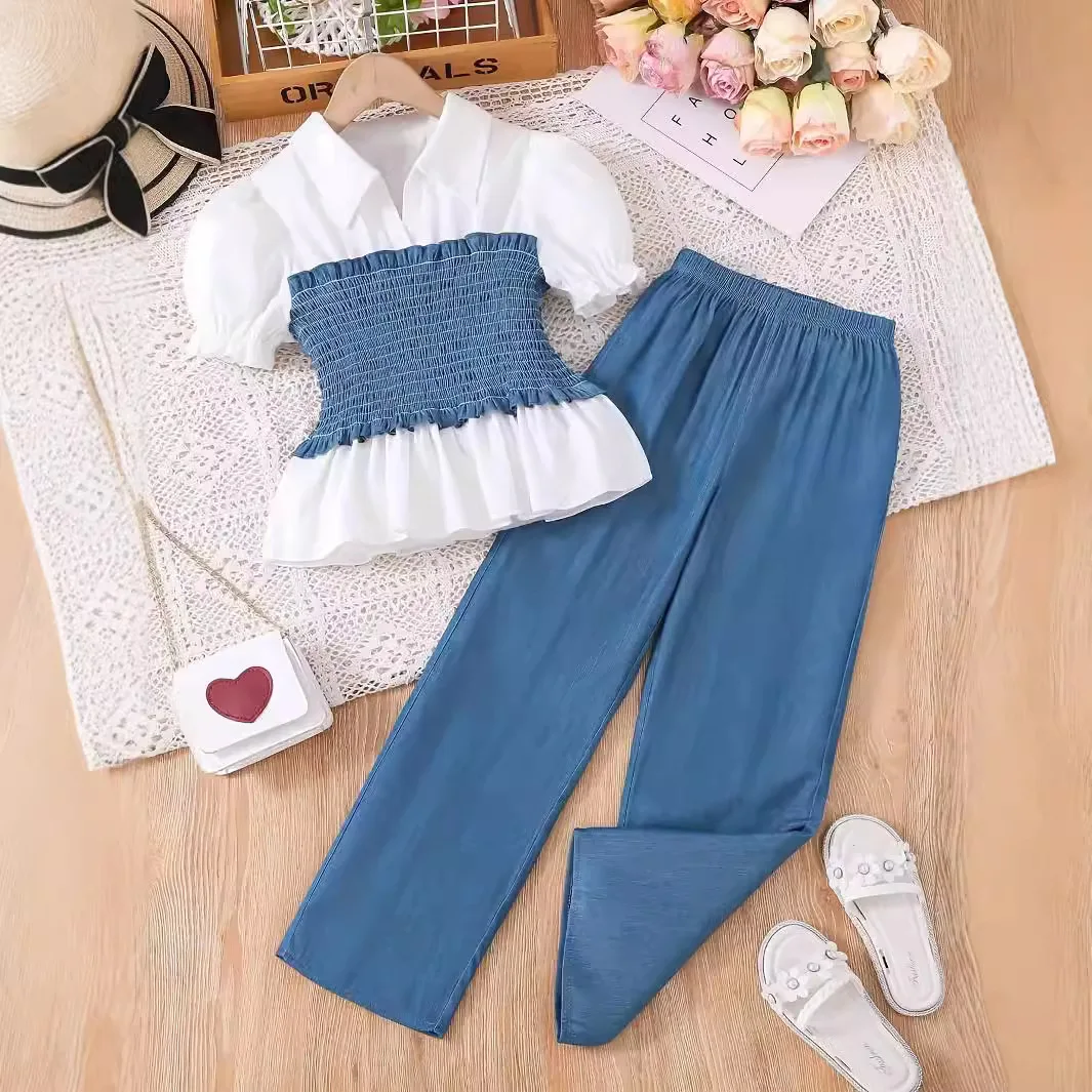 Summer Children's Clothing Fashion Girls' Tops and Wide-leg Pants Two-piece Sets for Older Children's Cross-border New Models