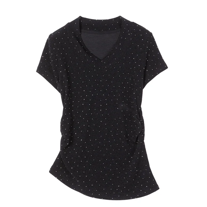 M-3XL الصيف قصيرة الأكمام الخامس الرقبة المرأة تي شيرت موضة عادية الساخن الماس بلون شبكة القمم الملابس السوداء #4