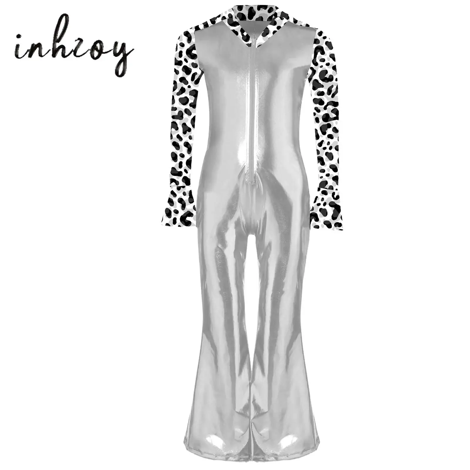 

Kids Boys Cow Printed Jumpsuit Disco Dance Costume Shiny Metallic Lapel Collar Long Flare Sleeve Bell-Bottomed Pants Rompers