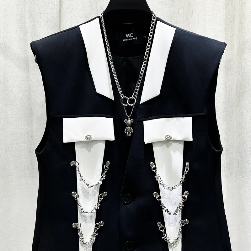 PFHQ New High-end Patchwork Contrasting Men's Suit Vest Chain Decoration Design Trendy Sleeveless Fashion Male Tops 21Z5893