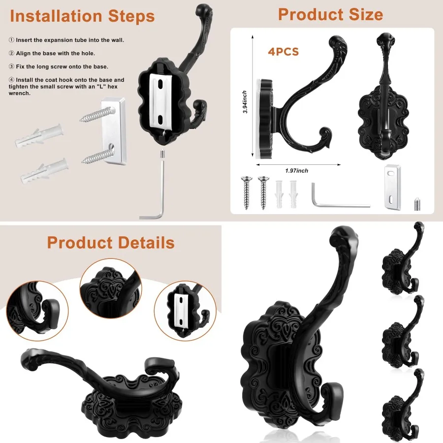 

Винтажные крючки для одежды Антикварные настенные крючки для подвешивания сумочки, шляпы, ключей, занавески для одежды, уникальные сверхмощные настенные крючки для ванной комнаты, набор из 4 шт.