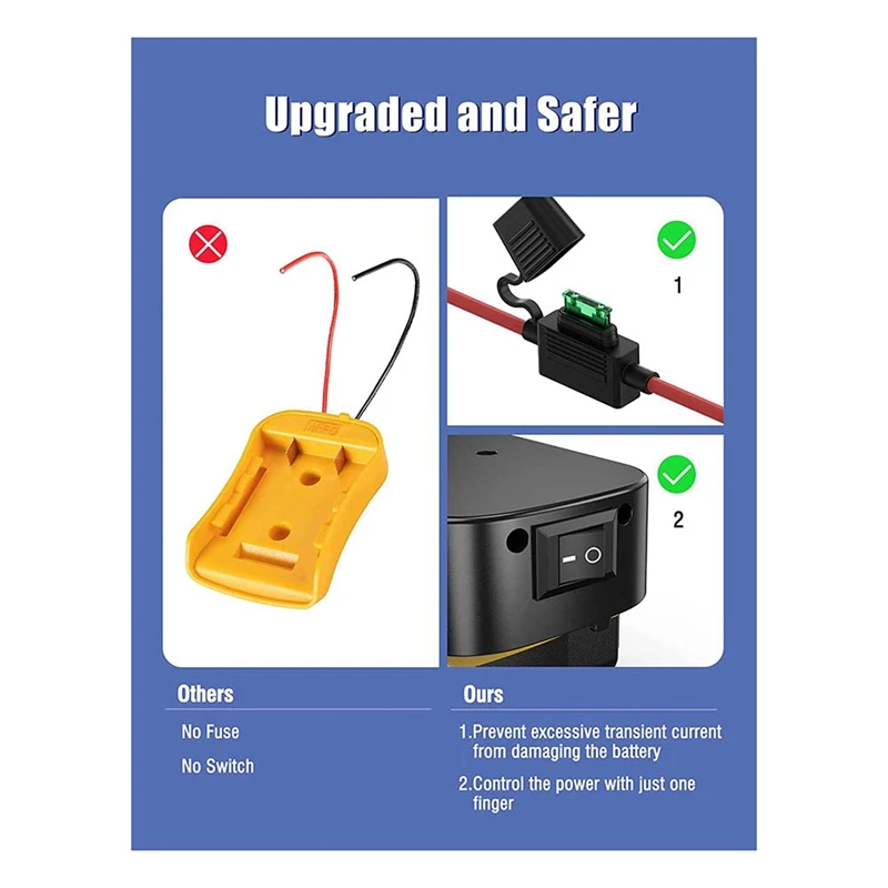 Battery Adapter With Fuse And Switch For Dewalt 20V /18V DCB200 DCB203 DCB205 DCB206 Li-Ion Batteries Power Connecter