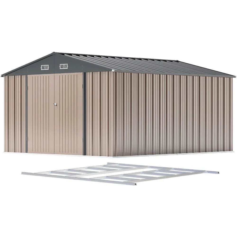 10x12 FT metalen opbergruimte voor buiten met vloerframe, tuingereedschapsschuur voor alle weersomstandigheden met afsluitbare deur voor achtertuin en terras