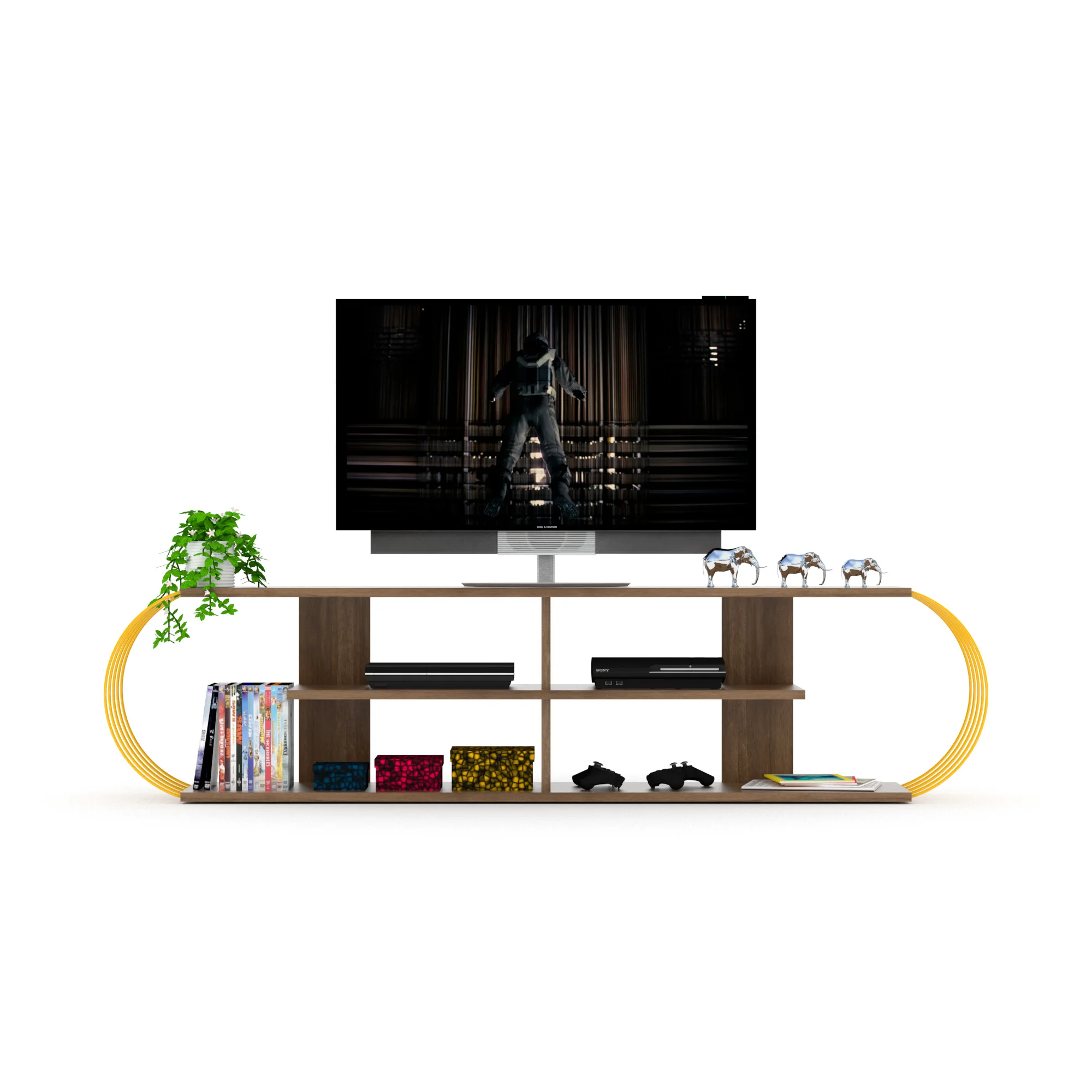 FurnisHome Store Mid Century Modern Tv Stand 4 Shelves Open Storage Entertainment Centre 68 inch Tv Unit, Walnut/Yellow