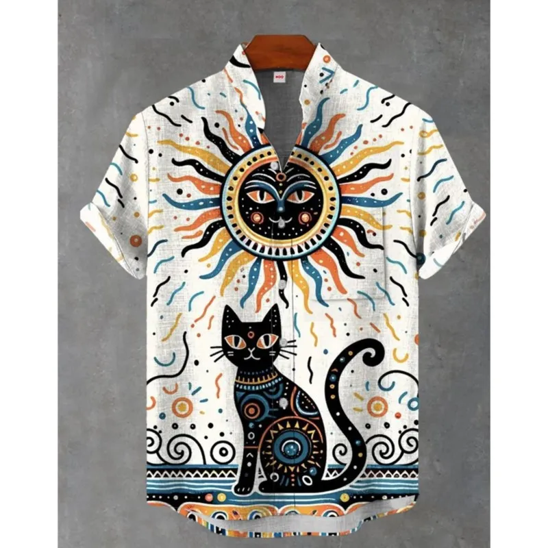 Men's Summer Comfortable Casual Short Sleeved Shirt With Irregular Pattern Printed Linen Button Fashion Shirt Printed T-shirt