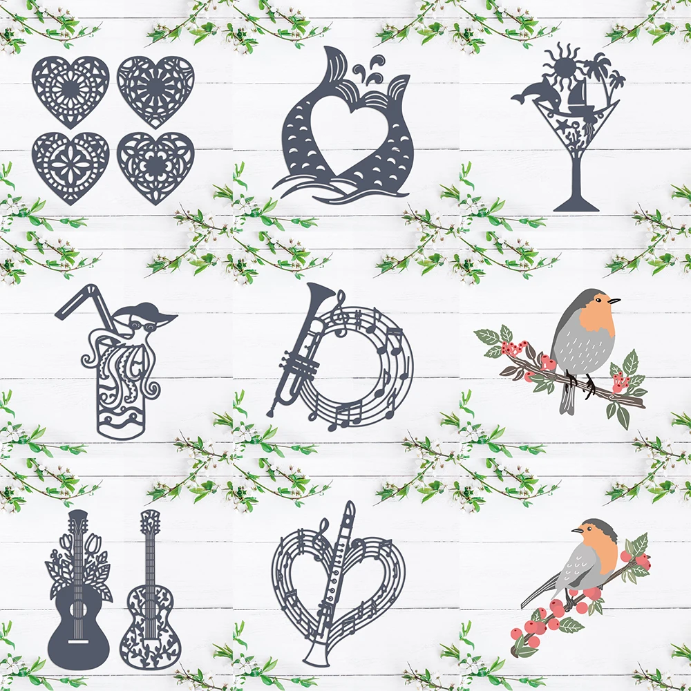 Musical Instrument Trumpet Guitar Metal Cutting Dies Love Heart Birds with Flowers Dies Cold Drink Diecut Set DIY Scrapbooking