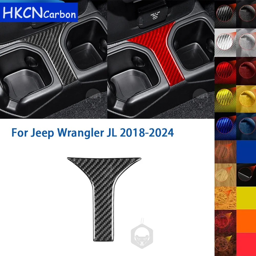 Para Jeep Wrangler JL 2018-2024, accesorios de fibra de carbono suave Real, caja de reposabrazos Interior de coche, portavasos trasero, pegatina embellecedora de cubierta