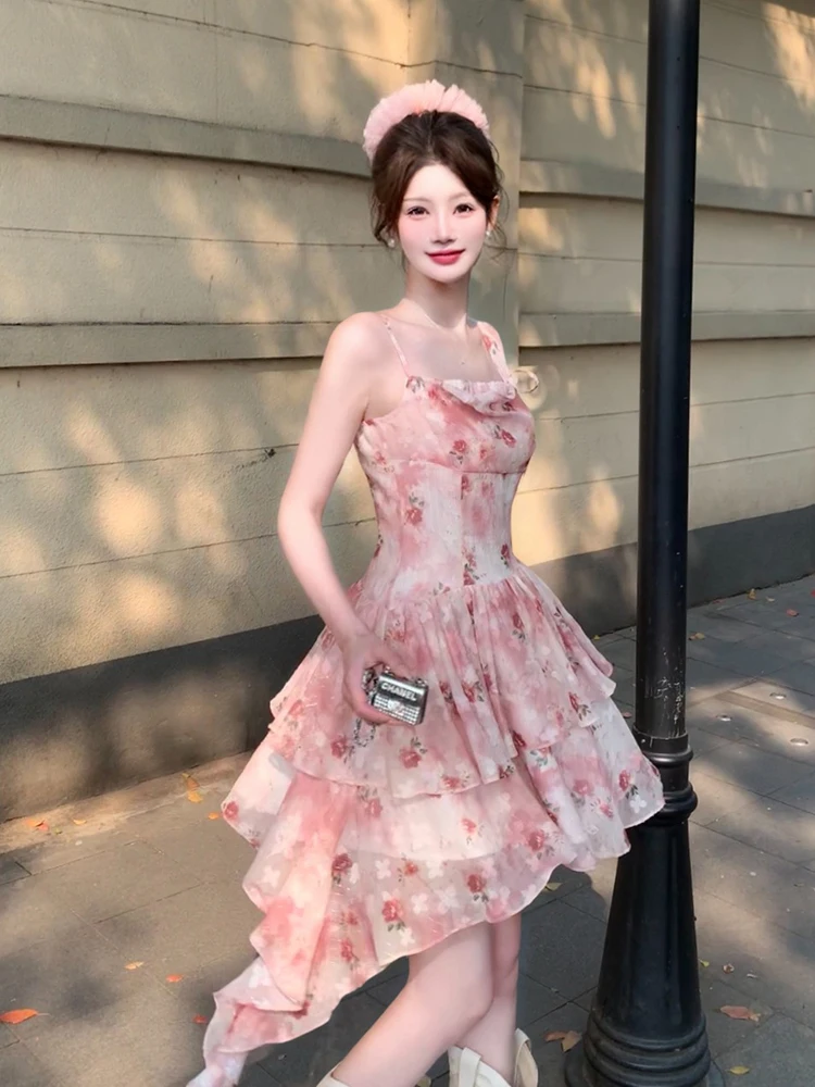 

plus Size Women's Sweet Sle Red Floral Print ter Dr Summer New Waist Cinched Asymmetrical A-Line Skirt