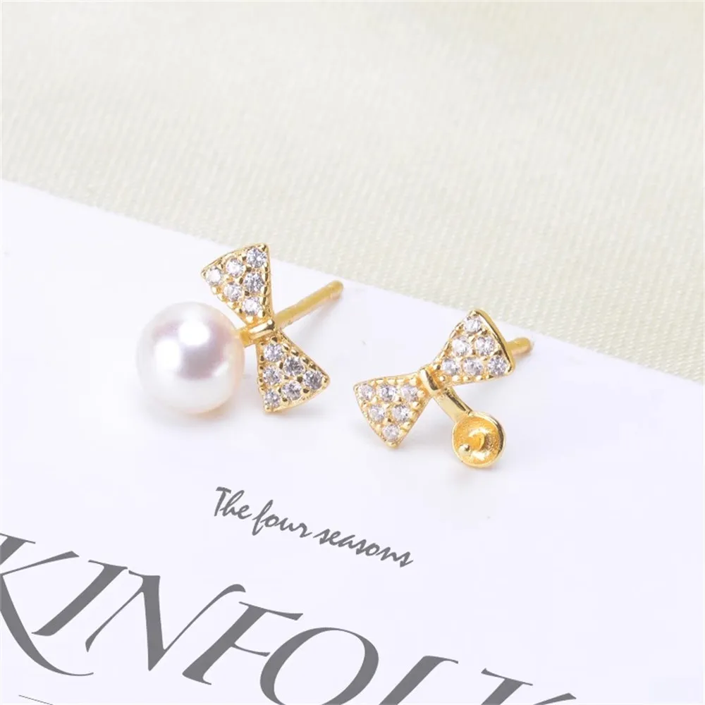 

DIY Pearl Accessories S925 Sterling Silver Pearl Earrings Empty Bow Joker Earrings Fit 4-6mm Round Flat Beads E138