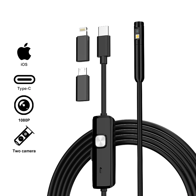 3 in 1 Industrial Endoscope Dual 8mm 1080P Camera for IOS/Android Rigid Cable IP67 Borescope Inspection Camera for Piping Sewer