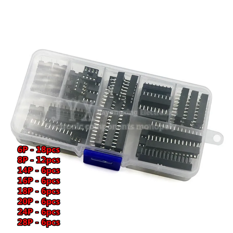 66PCS/Lot DIP IC Sockets Adaptor Solder Type Socket Kit 6 8 14 16 18 20 24 28 pins + Box