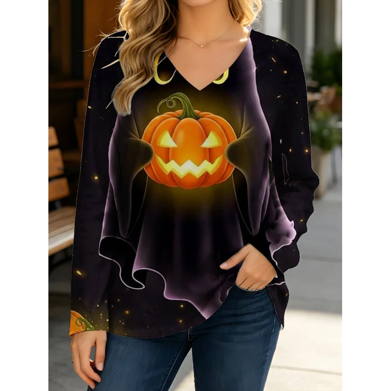 Women's casual long sleeve T-shirt Autumn and Winter V-neck design pumpkin ghost print women's clothing