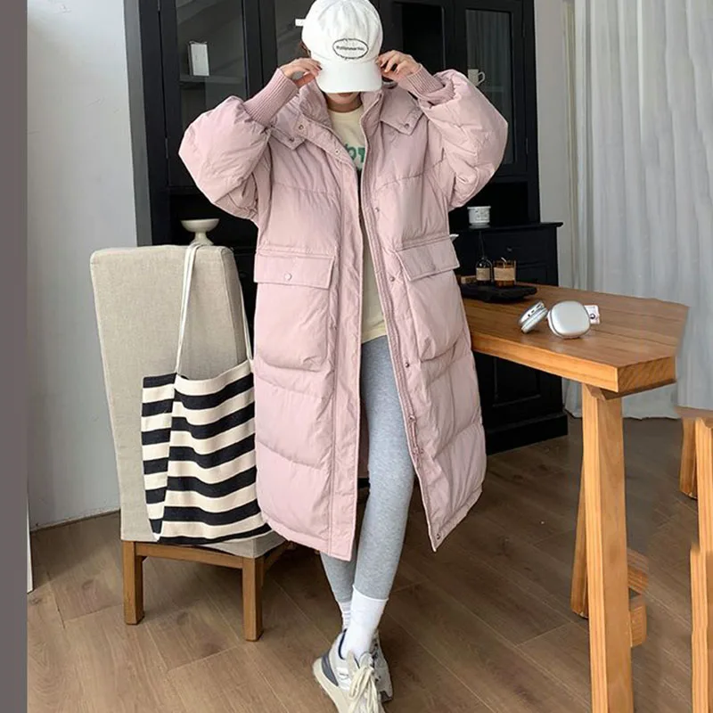 2024 Winter New Fashion Tren Down Cotton Jacket Womens Korean Long Hooded Parker Overcoat Female Loose Thick Warm Padded Jackets