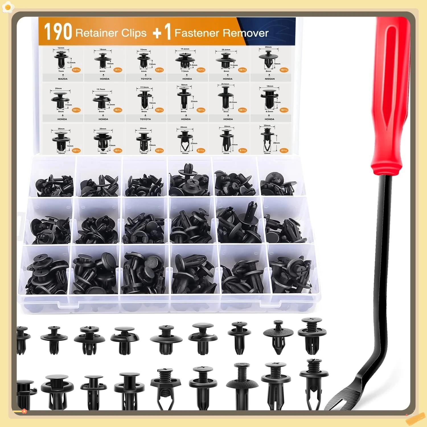 

190PCS Vehicle Fastener Clips Assortment, 18 Types Push Retainer Pins with Remover Bonus