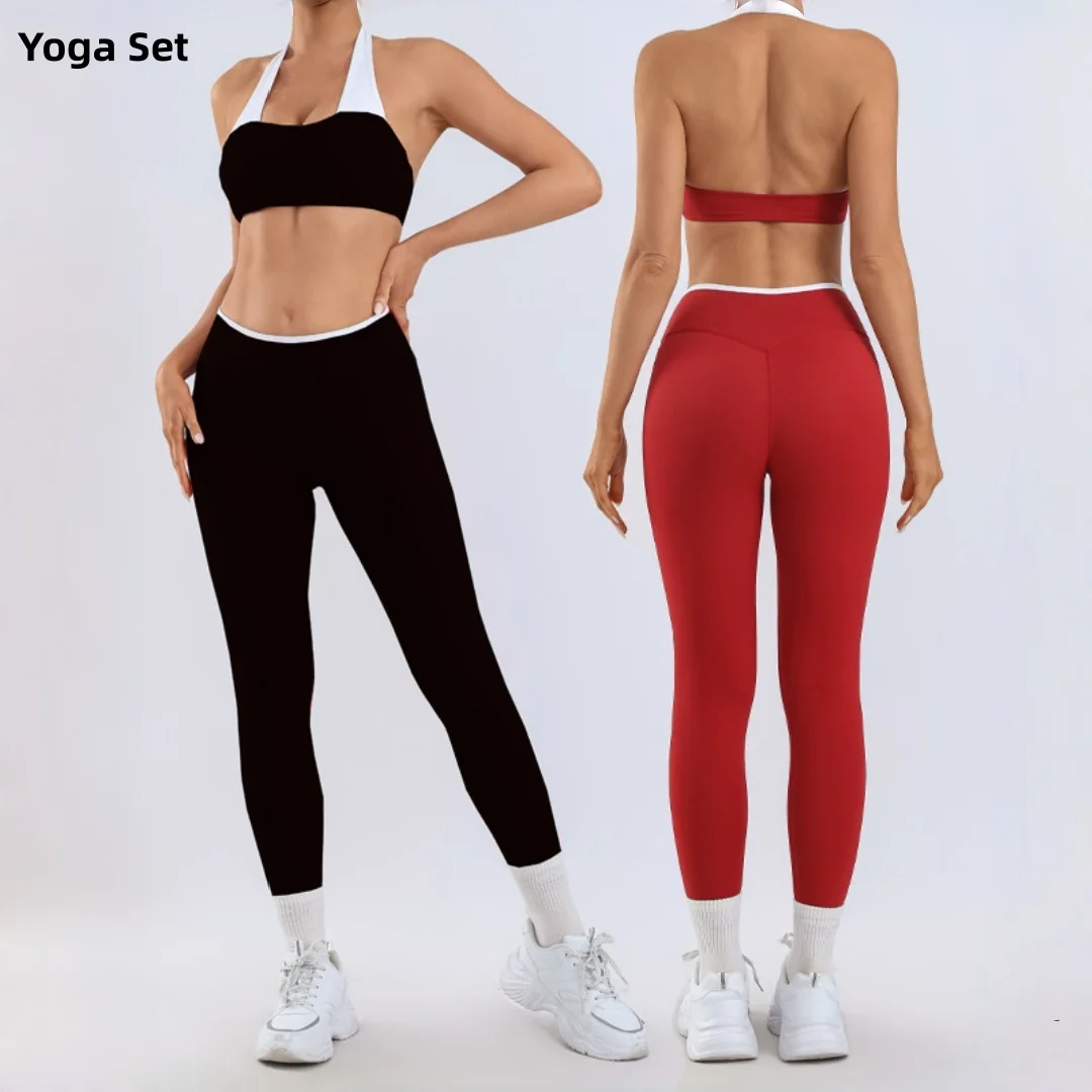 

Women's Yoga Set Sports Fitness High-Waist Hip Lift Backless Halter Bra Pants Running Casual Workout Gym Leggings Yoga Suit