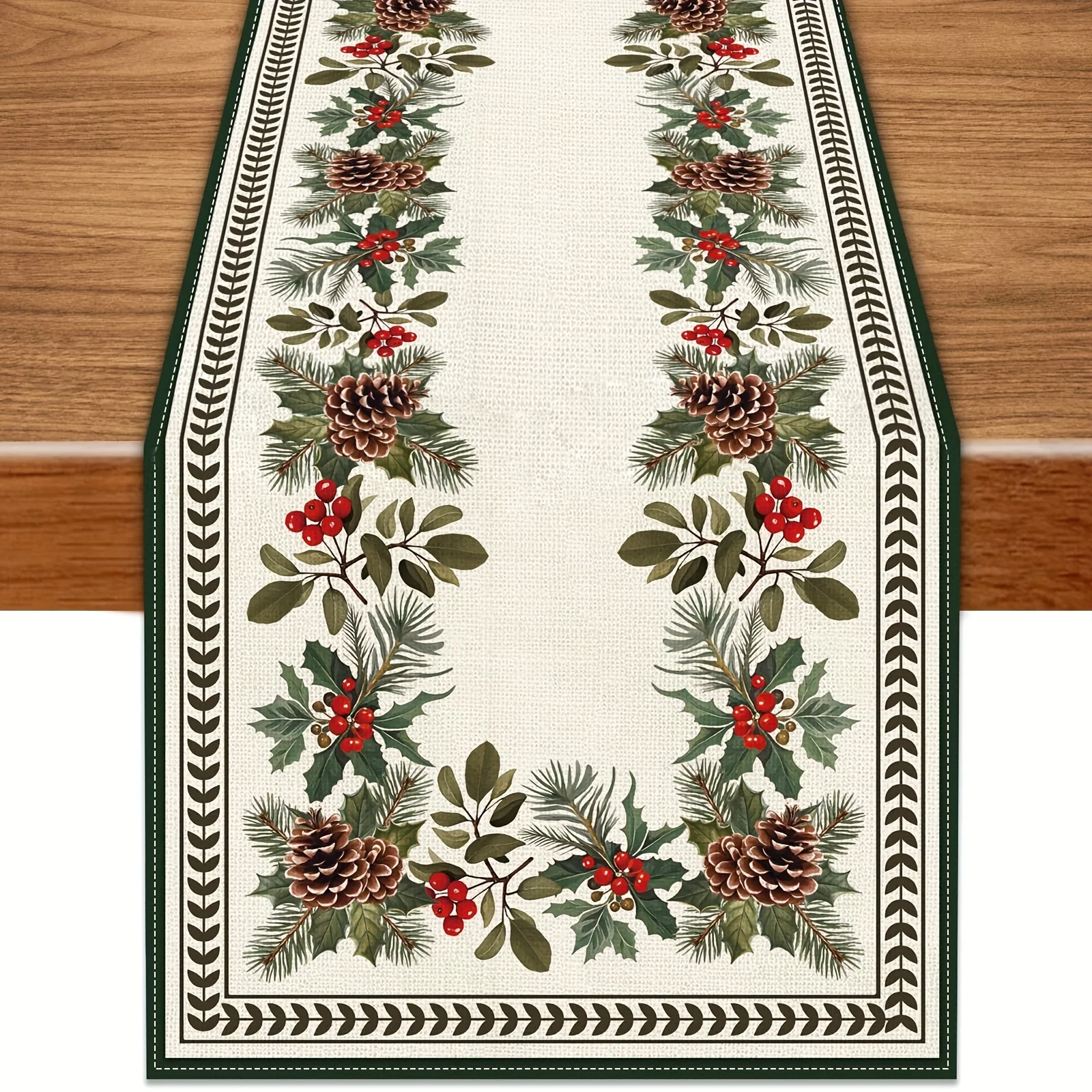 Farmhouse Rustic Christmas  Table Runner  - Green Pinecones/Red Berries/Gold Accents, Indoor/Outdoor Holiday Dining Decor