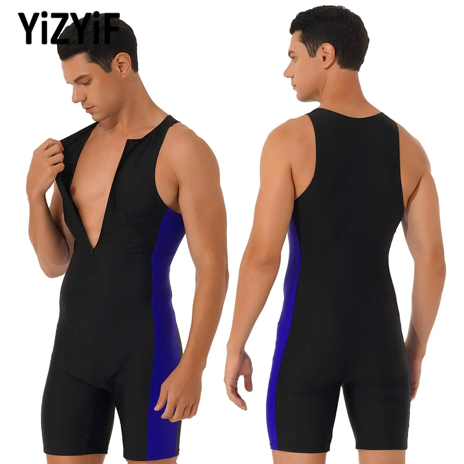 Mens Color Contrast One-piece Swimwear Sleeveless Short Bodysuit New Male Triathlon Wetsuit Beach Pool Bathing Swimming Jumpsuit