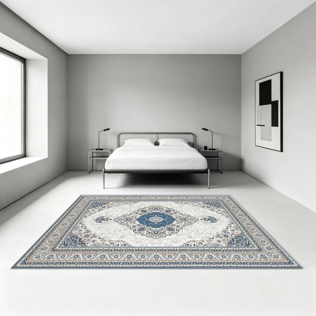 Cream Blue Oriental Medallion Square Area Rug Vintage Floral Border Printed Floor Carpet for Living Room Bedroom Home Decor