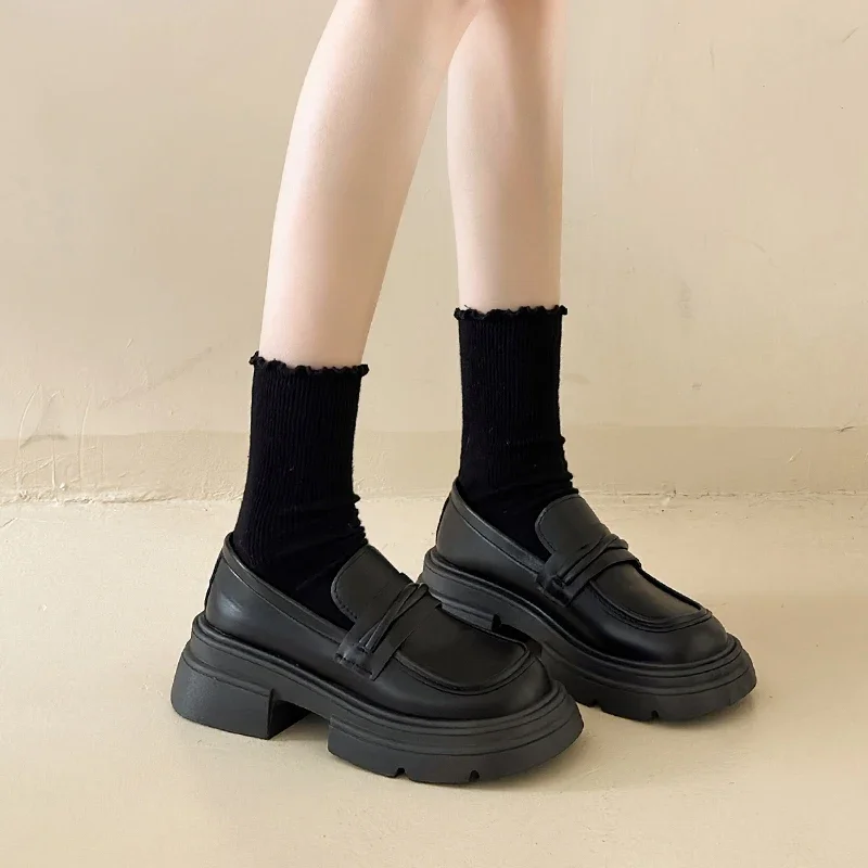 2024 Black Casual Woman Shoes Loafers with Fur Female Footwear Round Toe Oxfords British Style Clogs Platform Slip-on Autumn B