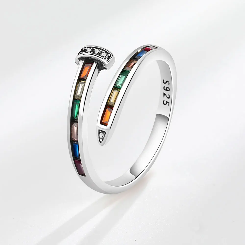 925 Sterling Silver Rainbow Colorful Zircon Nail Shaped Ring for Women Girls Fashion Party Adjustable Fine Jewelry Birthday Gift