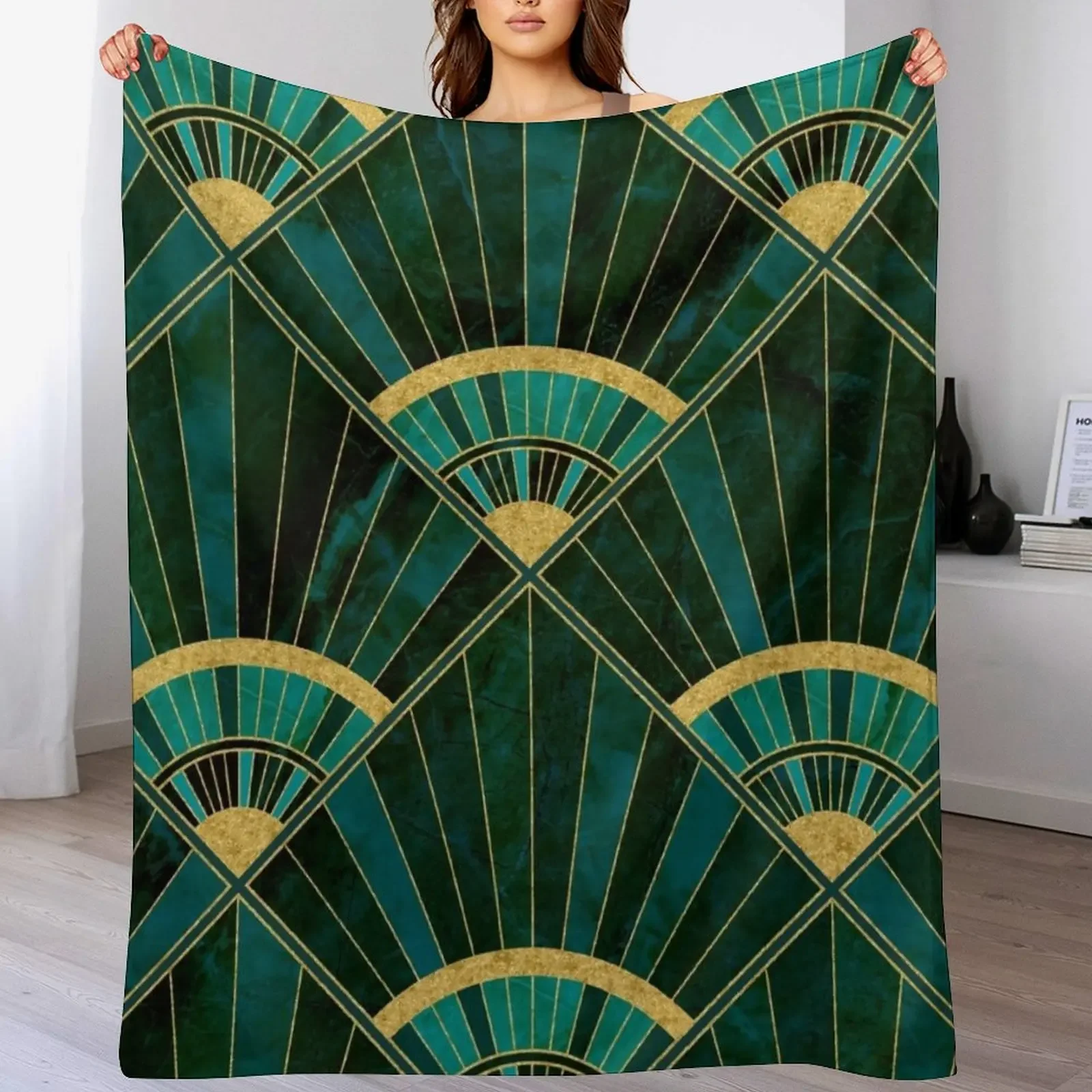 Art Deco Real Green Marbled Geometric Pattern Throw Blanket All Season Soft Lightweight Blanket for Home